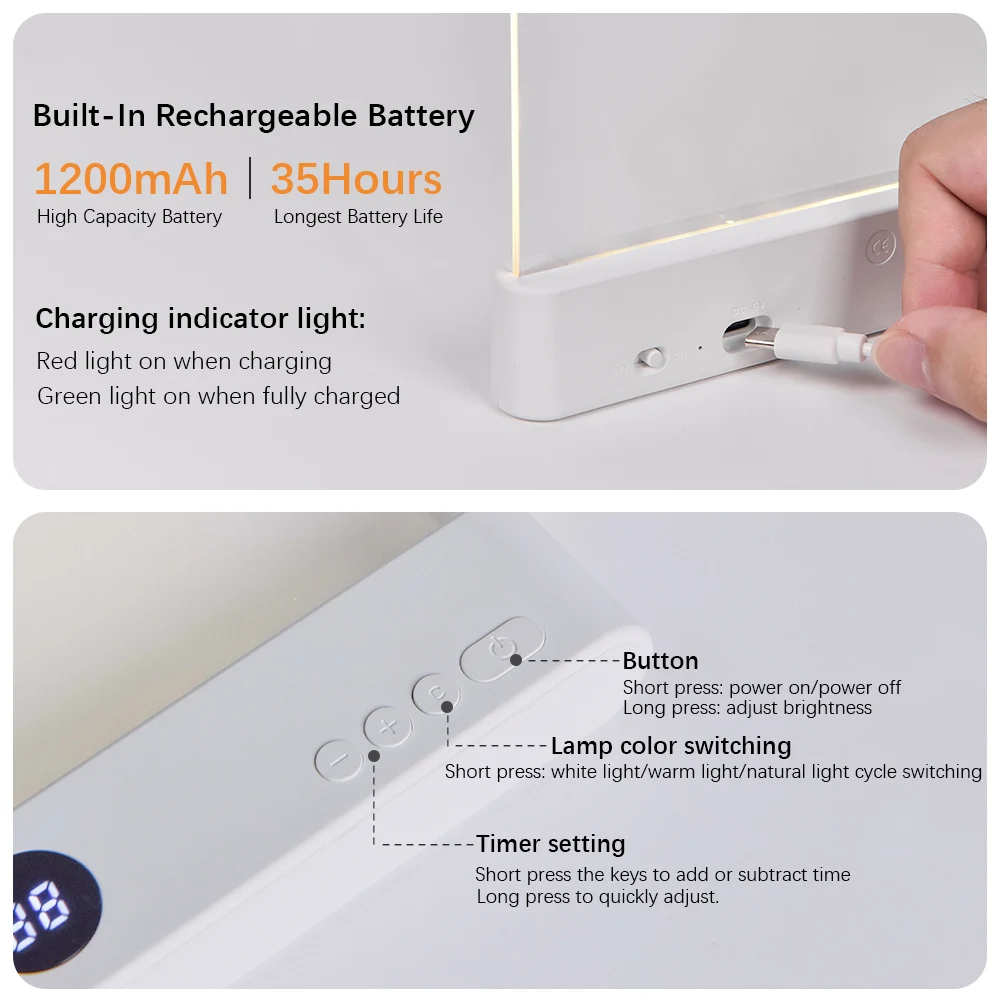 LED Book Light and Night Light 2 in 1, 3 Color Temperatures & Stepless Dimming, USB Rechargeable Reading Light with Timer for Ni - Image 4