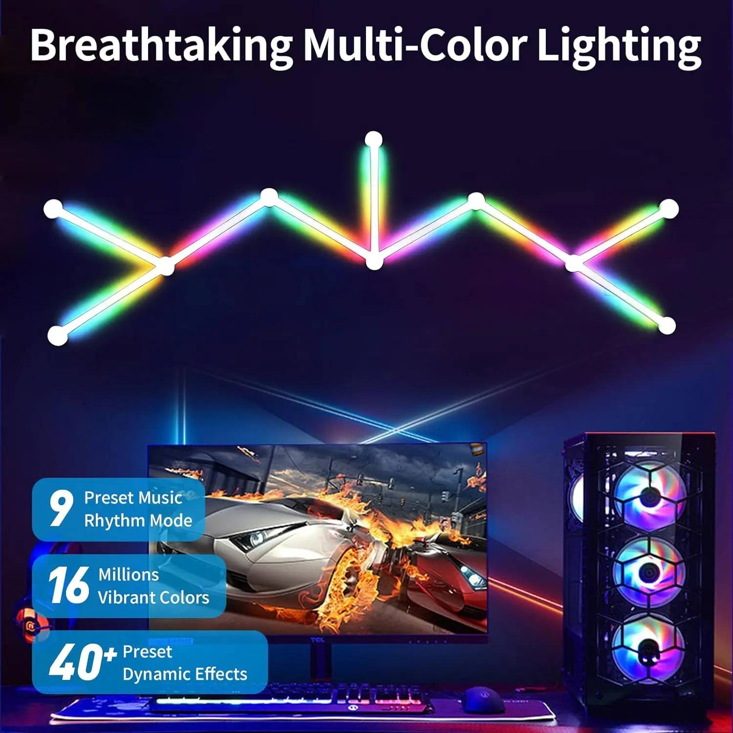 Mexllex 6/9PCS RGB Smart LED Wall Light Bars with Music Sync, 5V USB APP Control, 9 music Modes, 16 Million Colors for Game Home - Image 2