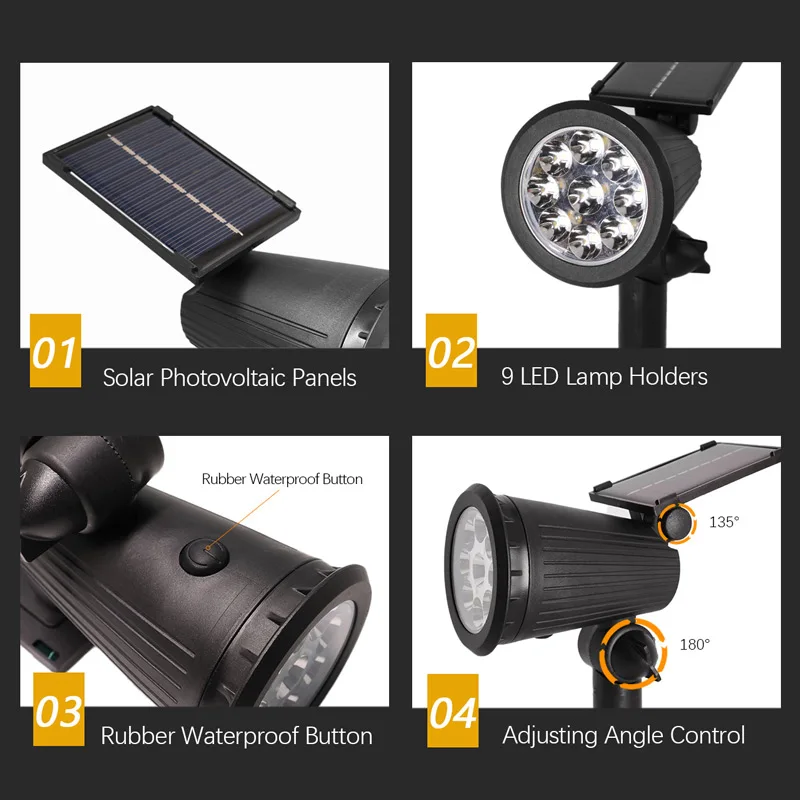 9 LEDs Solar Spotlights, Outdoor Waterproof, Spot Lights, Brightness Adjustable for Garden Backyard Driveway Patio Decor - Image 4