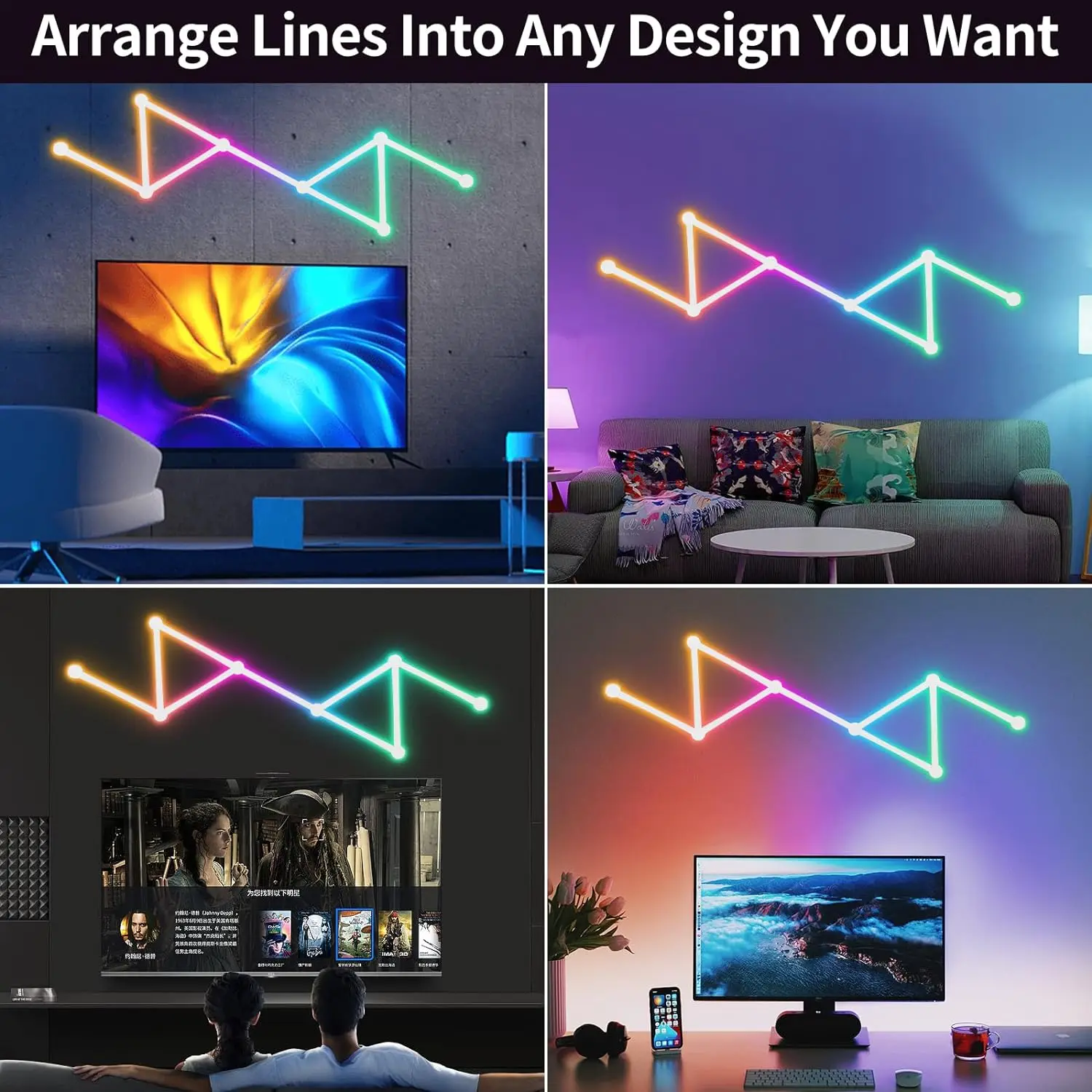 Mexllex 6/9PCS RGB Smart LED Wall Light Bars with Music Sync, 5V USB APP Control, 9 music Modes, 16 Million Colors for Game Home - Image 6