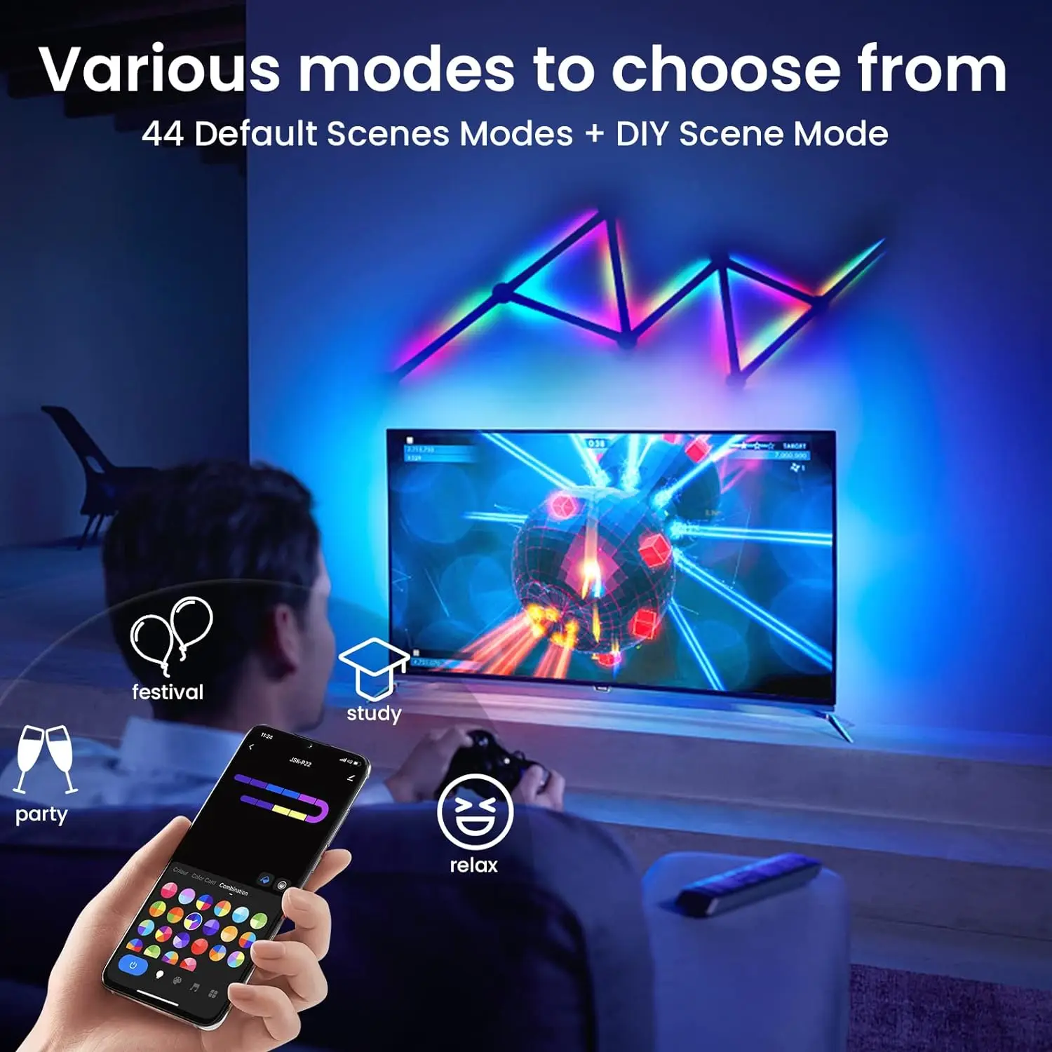 Mexllex 6/9PCS RGB Smart LED Wall Light Bars with Music Sync, 5V USB APP Control, 9 music Modes, 16 Million Colors for Game Home - Image 3
